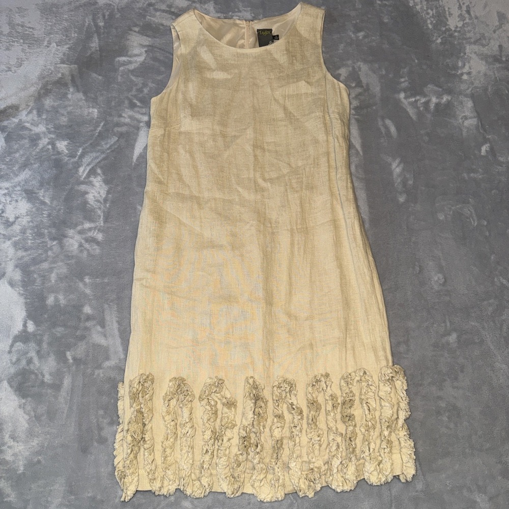 Taylor Linen Dress Women's Sz‎ 4 Sand Khaki Sleeveless Abstract Hem Beach Resort